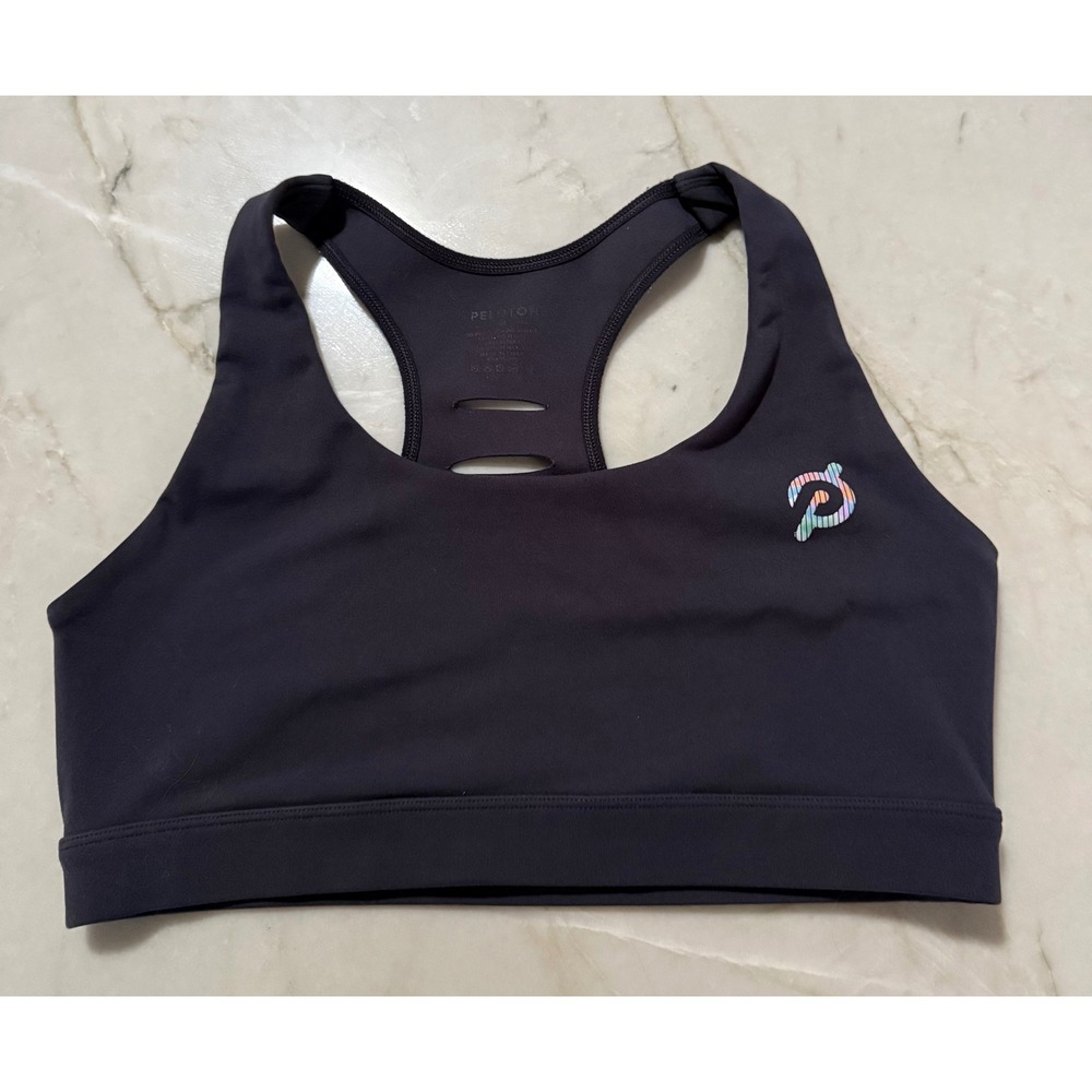 Peloton Womens Black Racerback Sports Bra Iridescent Logo Laser Cut Back Size L